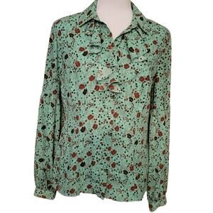 Free People Floral Ruffle Button Up Long Balloon Sleeve Peasant Poet Blouse - S